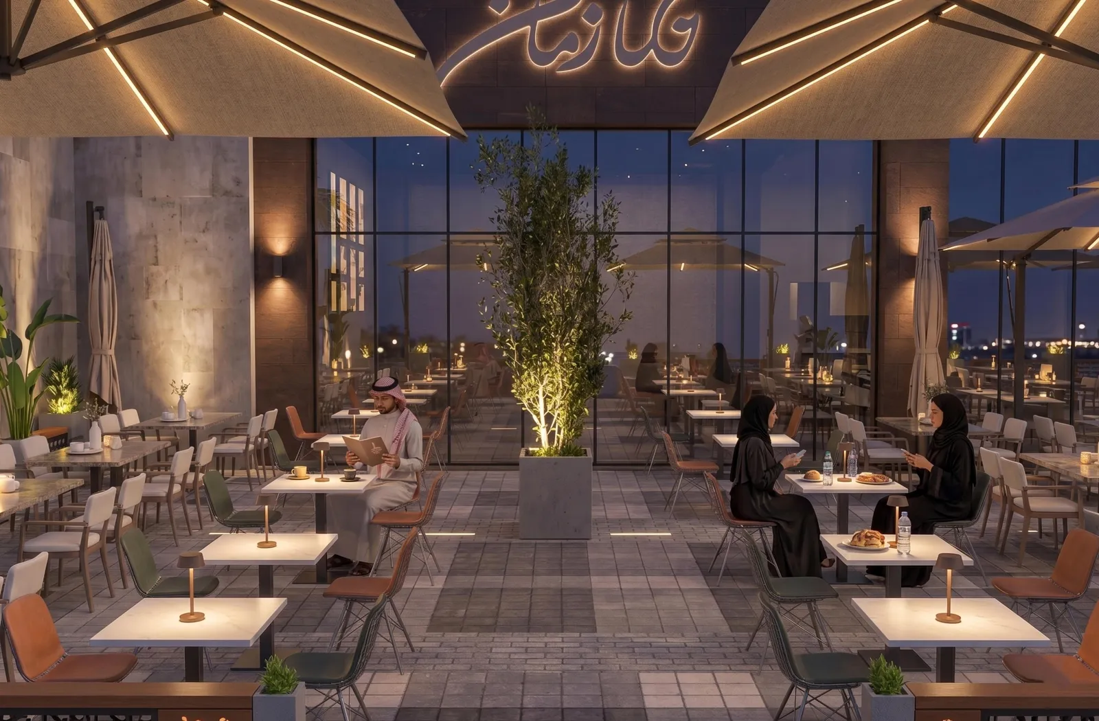 Restaurant terrace night render