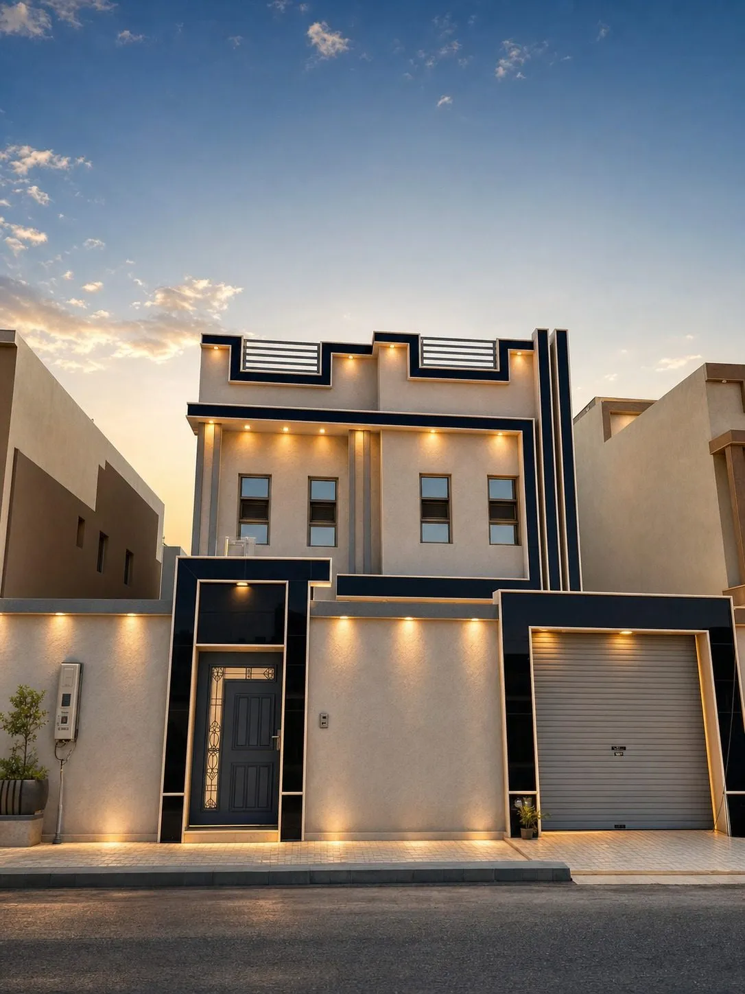 Finished villa at dusk