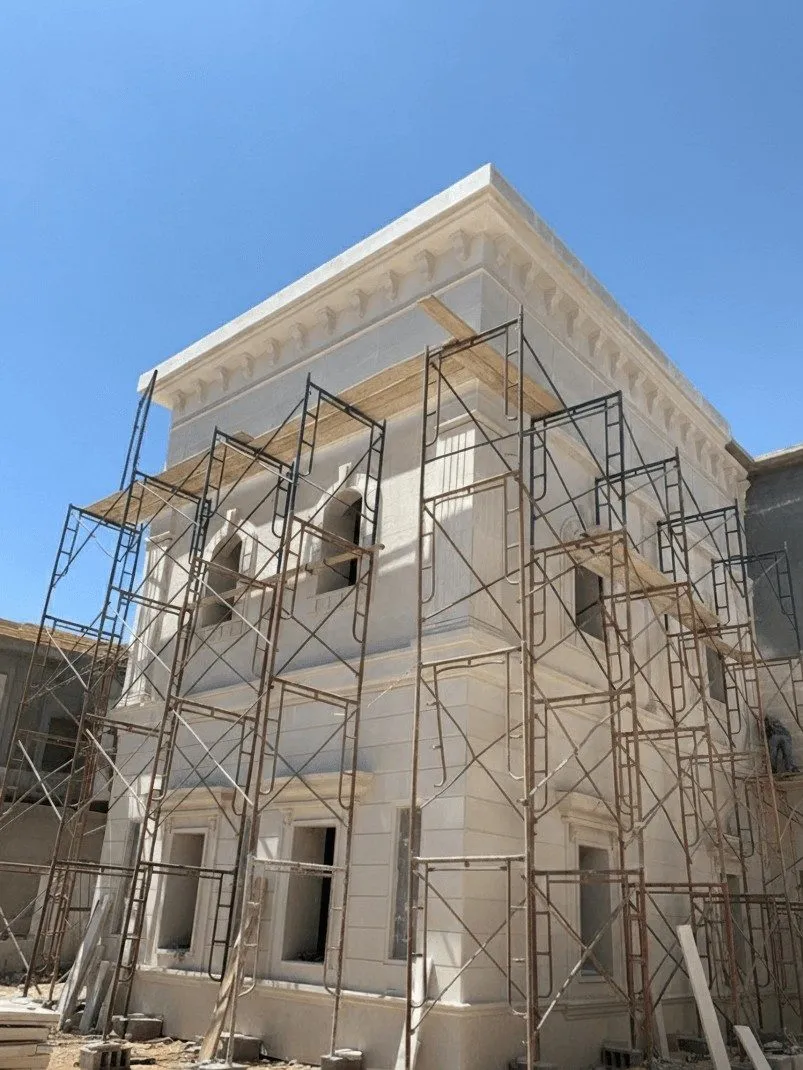 Classical villa facade under scaffolding